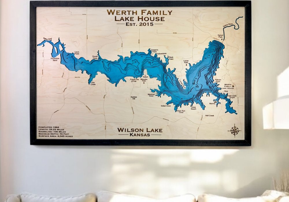 Wilson Lake, Kansas personalized depth-contour wood map on a wall